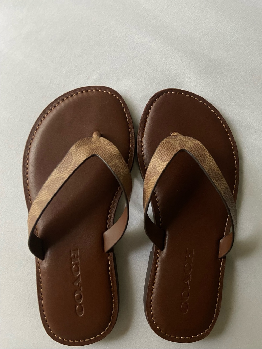 COACH Brown Leather Logo-Print Flip Flop Sandals